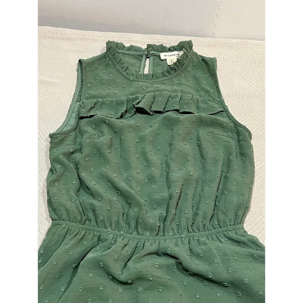 Monteau Dress Womens XS Boho Sage Green Sleeveless Swiss Dot Tiered Midi Dress - Picture 3 of 7